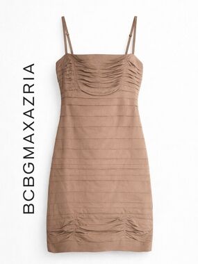 BCBG Max Azria Ruched Bodycon Mini Dress Neutral Taupe Gravel Size 8 Night Out
